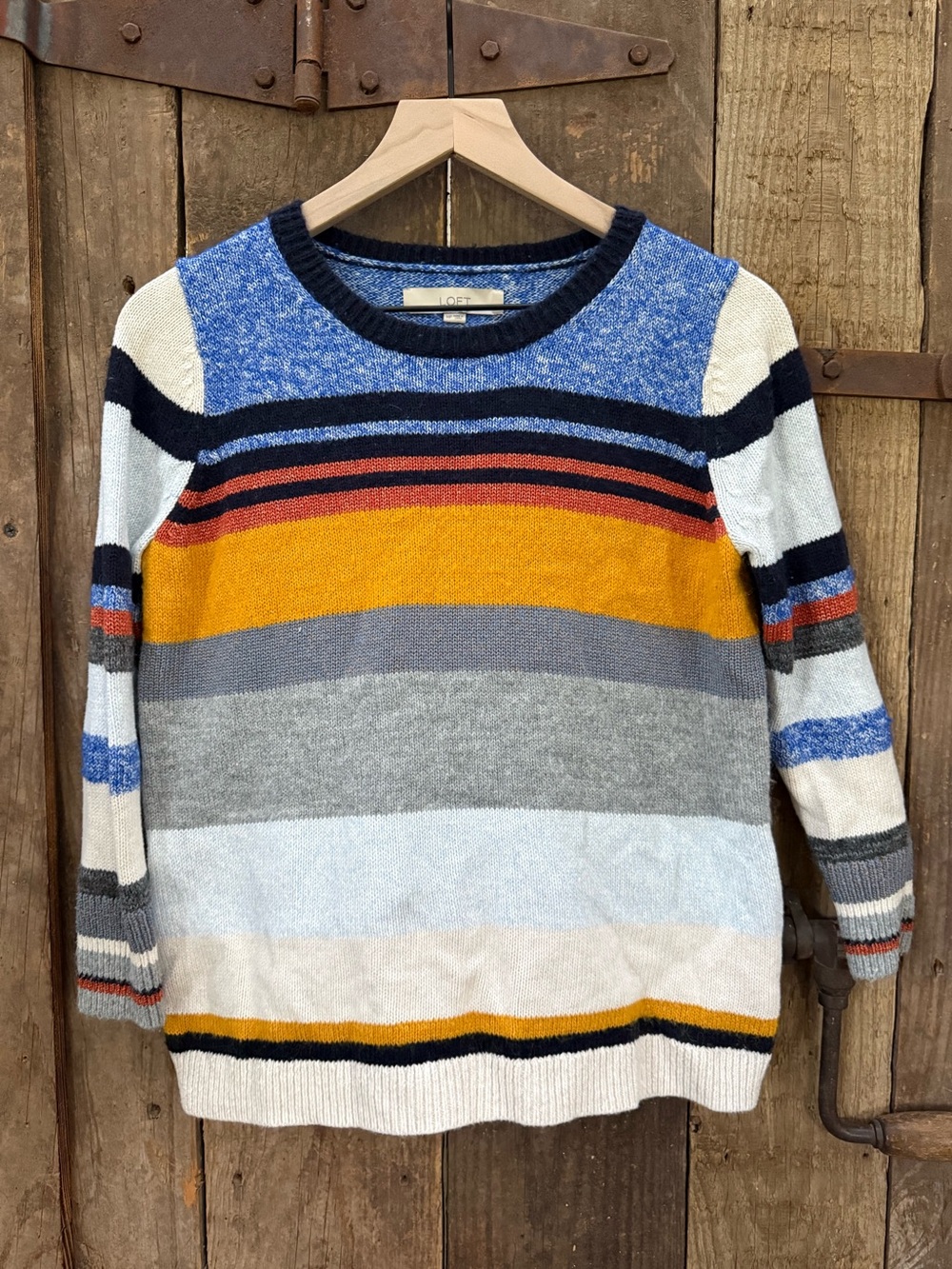 LOFT Women’s Petites Multi Stripe Sweater Blue Yellow MP EUC Mohair Wool Blend
